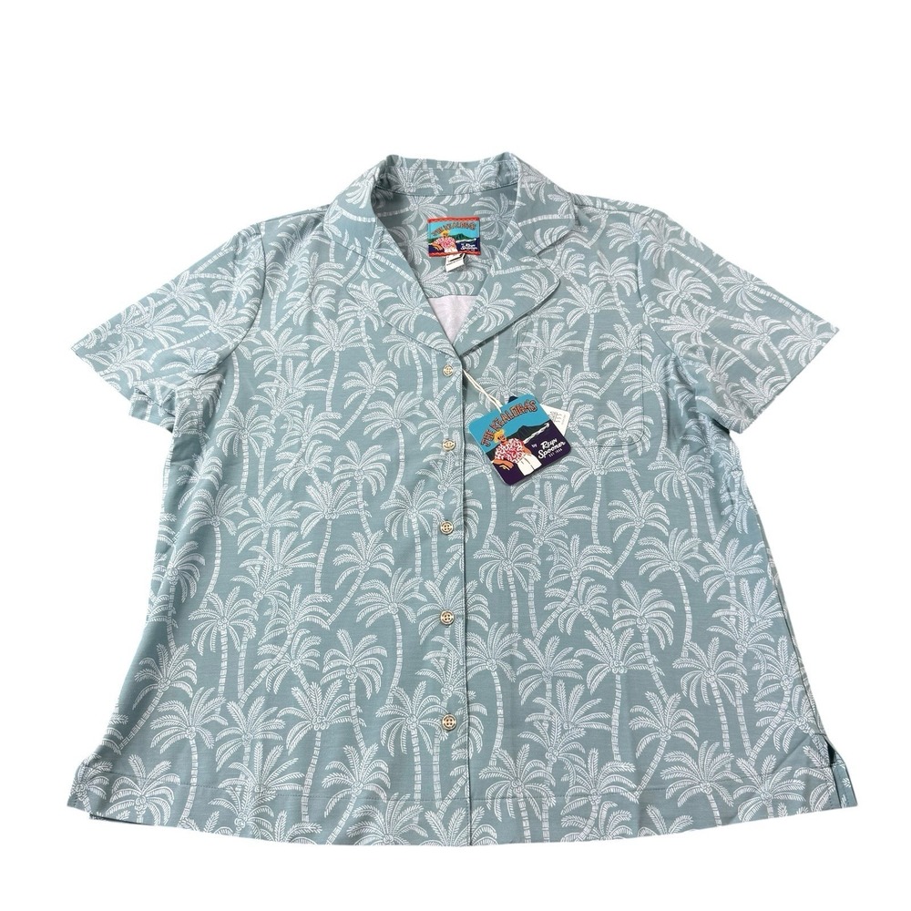 Reyn Spooner Green‎ White Palm Stretch Women's Hawaiian Shirt Size M NWT